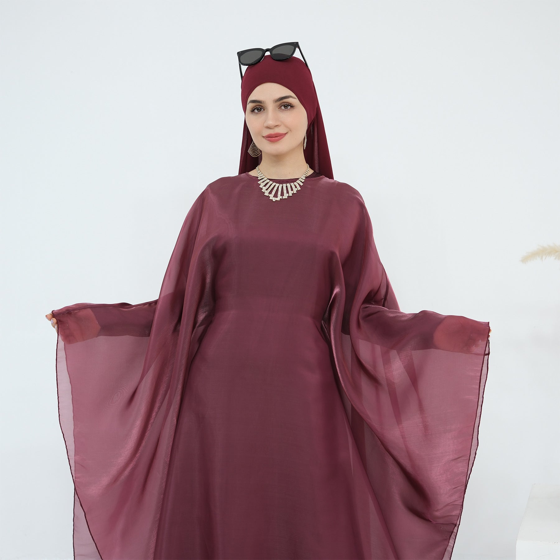 Lace Trim Solid Color 2PCS Abaya with  Hijab