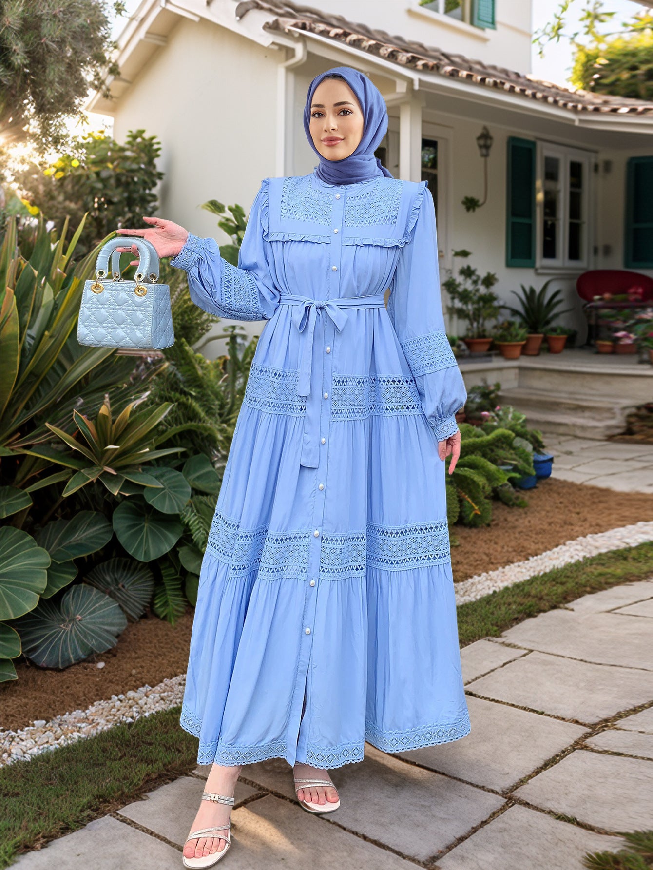 Lace Cutout Stand-up Neck Abaya