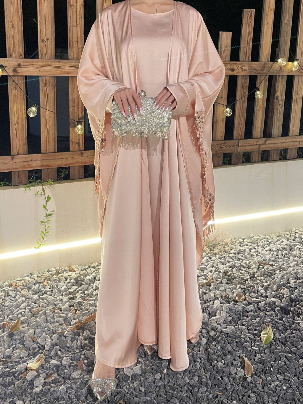 Butterfly Satin Abaya Set 2 Pieces With Inner Dress