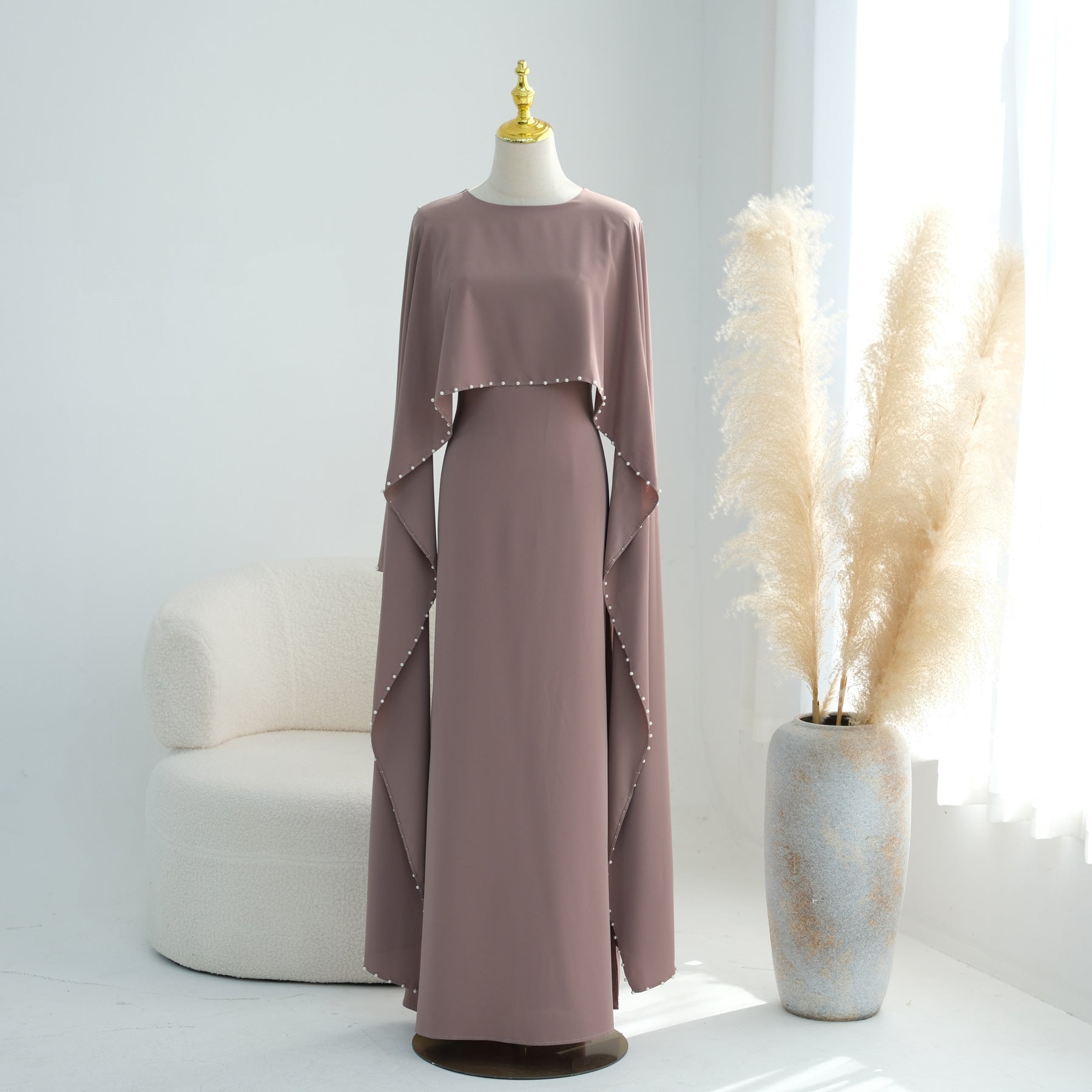 Pearl Beaded Satin Abaya Dress
