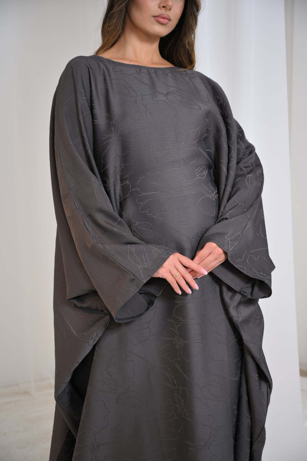 Jacquard Waist-Tied Dress Abaya with Hijab