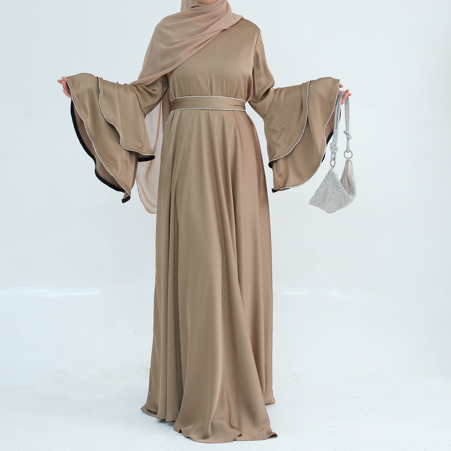 layered abaya dress Beaded Double Layer Sleeve Abaya Dress Beige / L