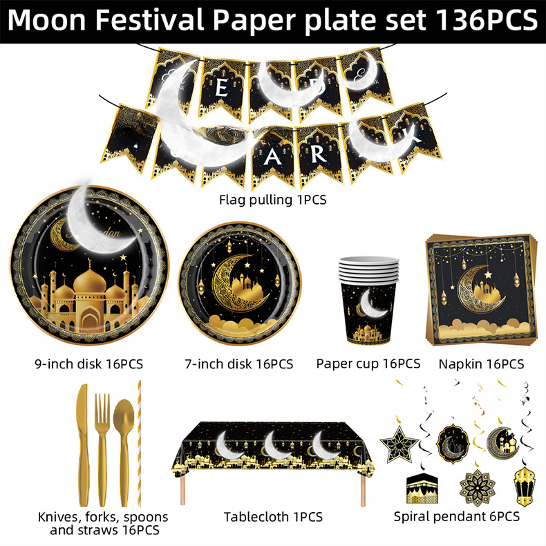 Ramadan Full Set Disposable Tableware 136 PCS - Black Gold