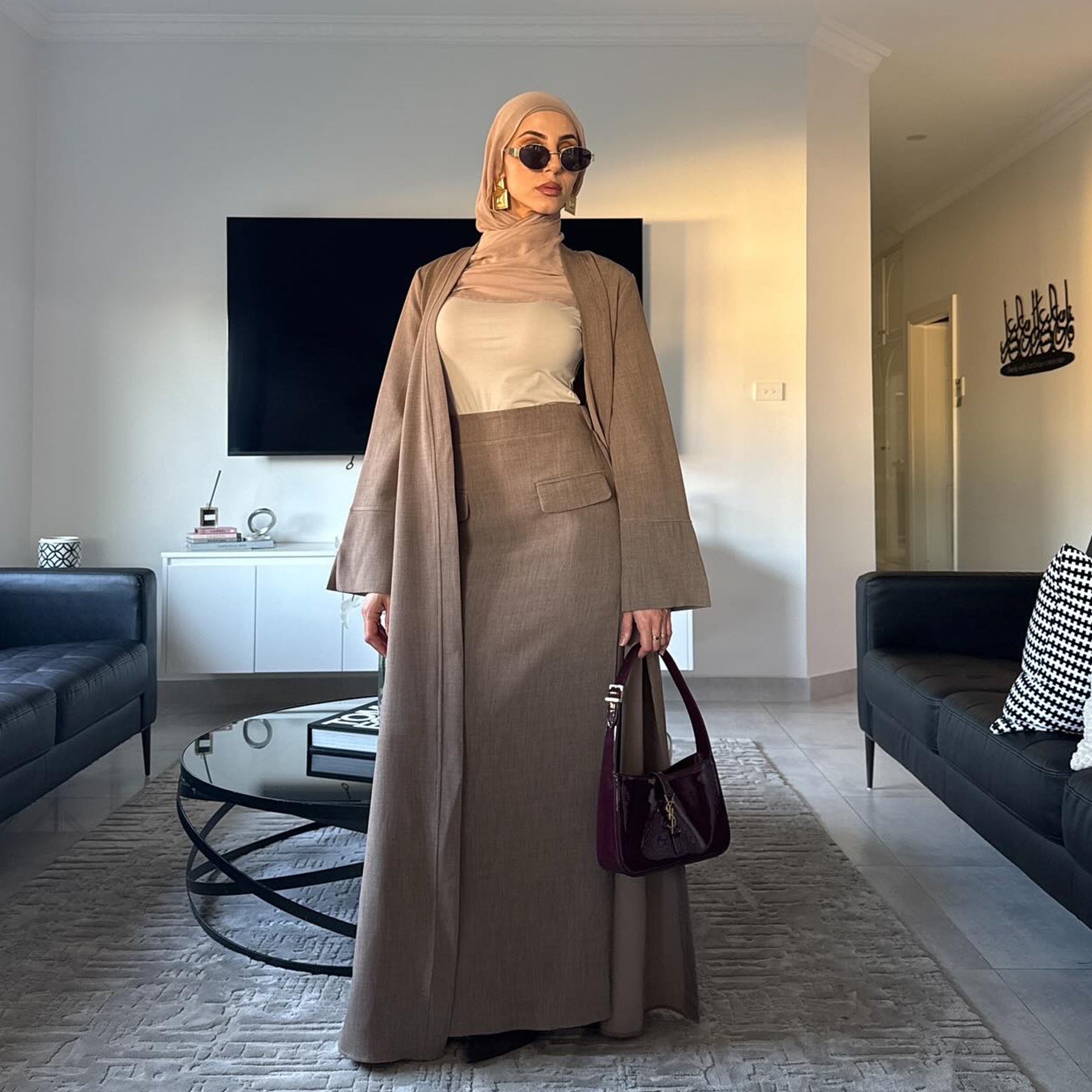 Solid Color Cardigan + Skirt 2PCS Abaya