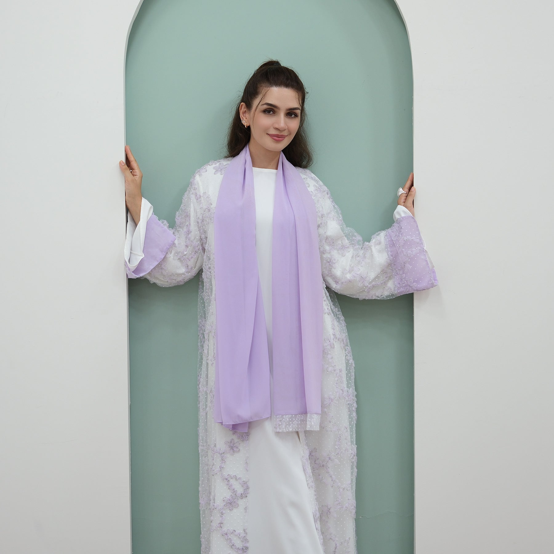 3D Floral Mesh Cardigan Abaya