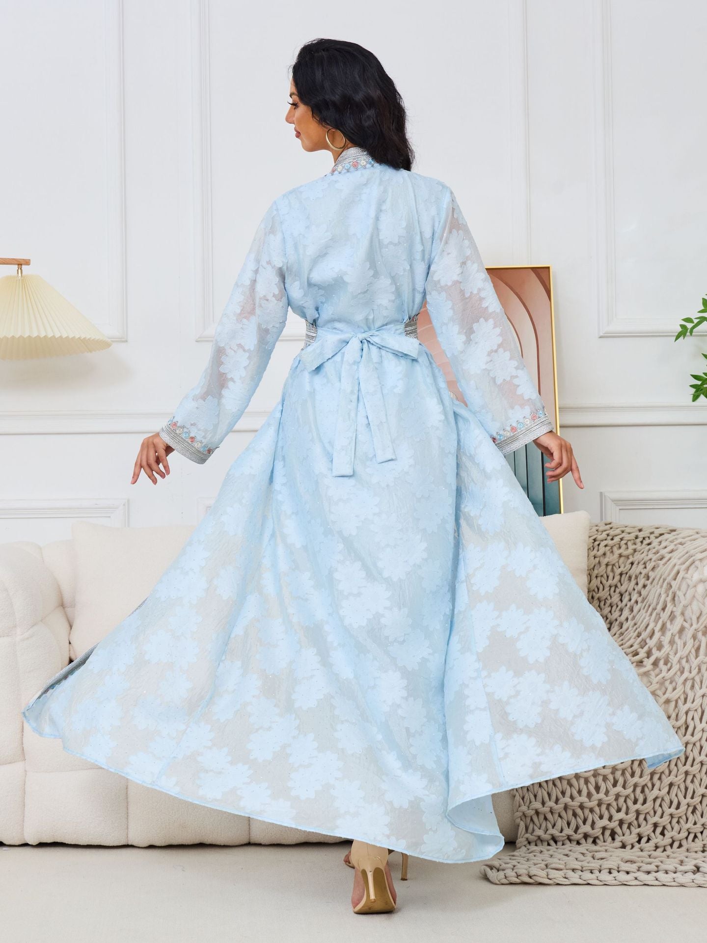 Fresh Lace Blue & Pink Abaya 3 Piece Set