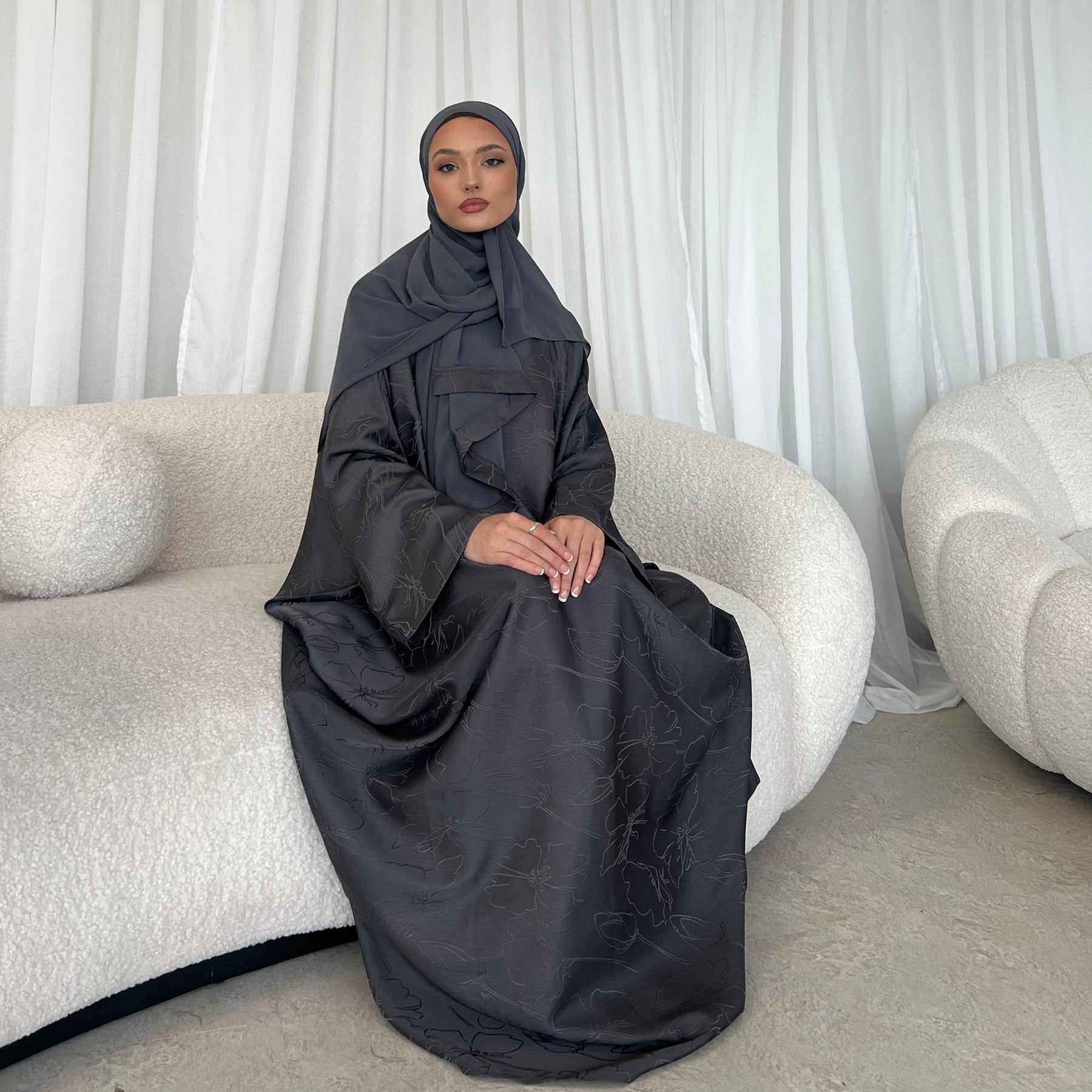 Jacquard Waist-Tied Dress Abaya with Hijab