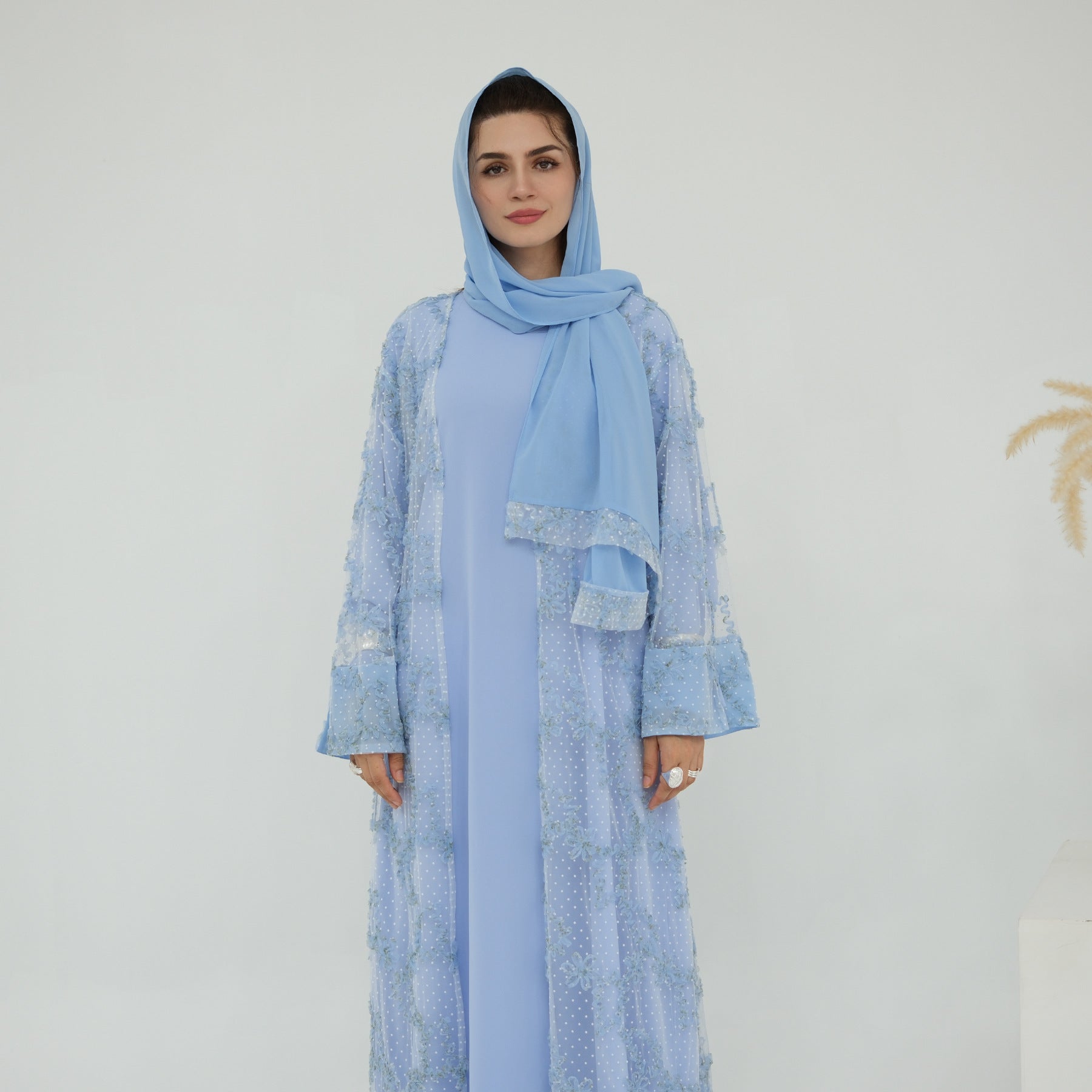 3D Floral Mesh Cardigan Abaya