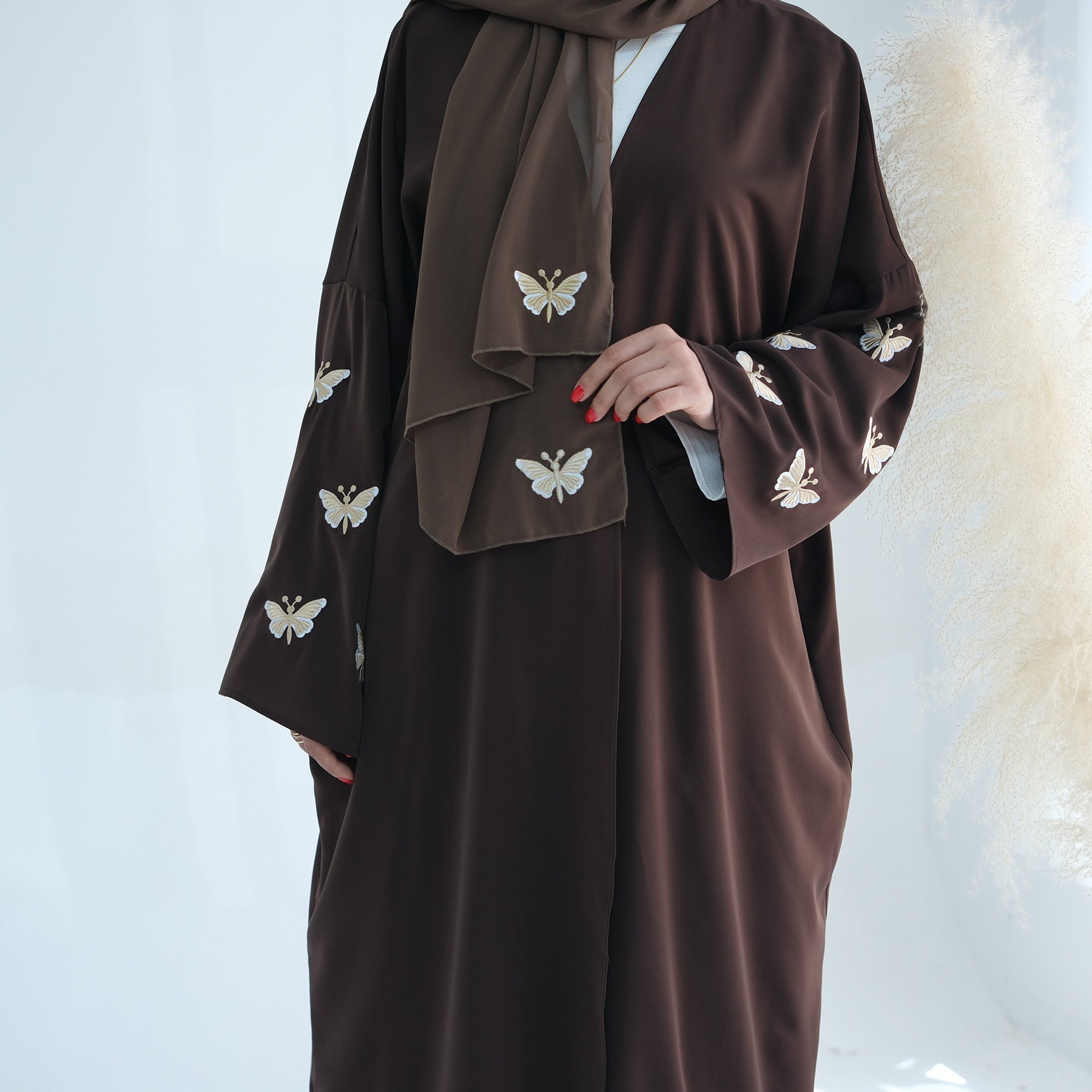 Embroidered Butterfly Print Kaftan with Hijab