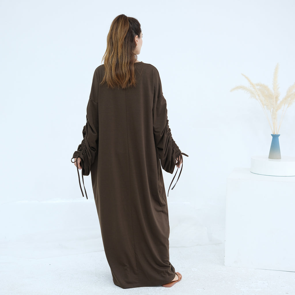 Solid Color Dress with Drawstring Cuffs Abaya