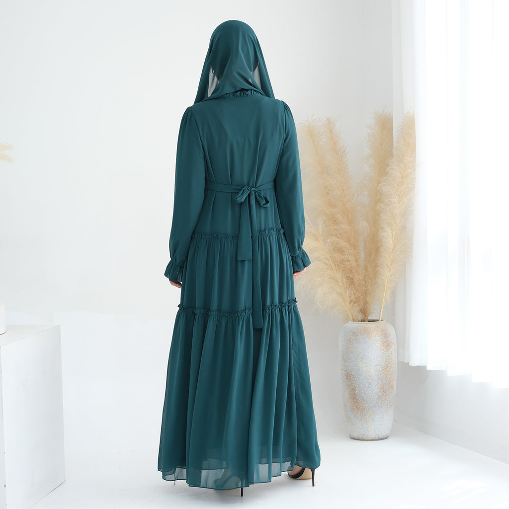 Solid Color Light Flared Sleeve Dress Hijab Set
