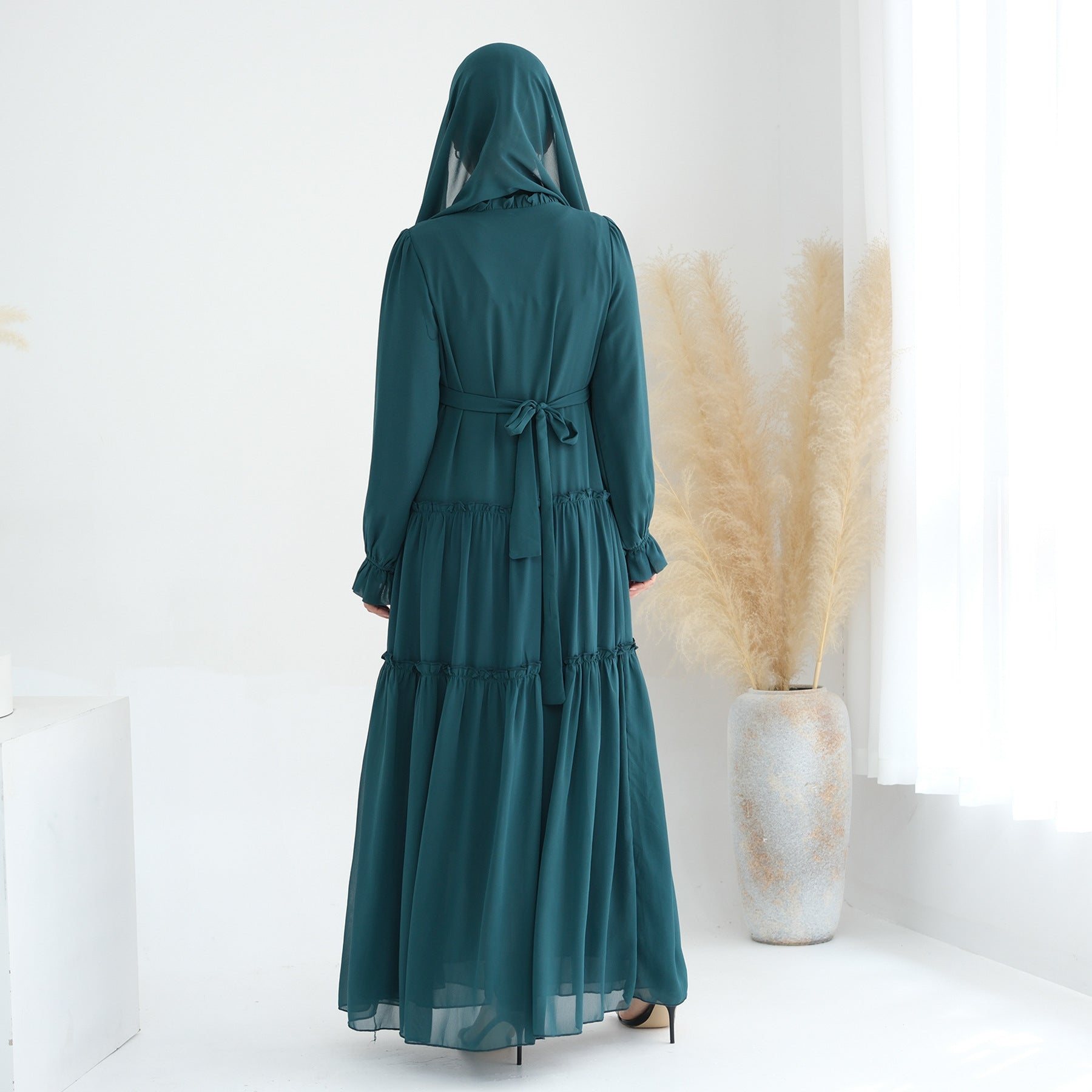 Solid Color Light Flared Sleeve Dress Hijab Set
