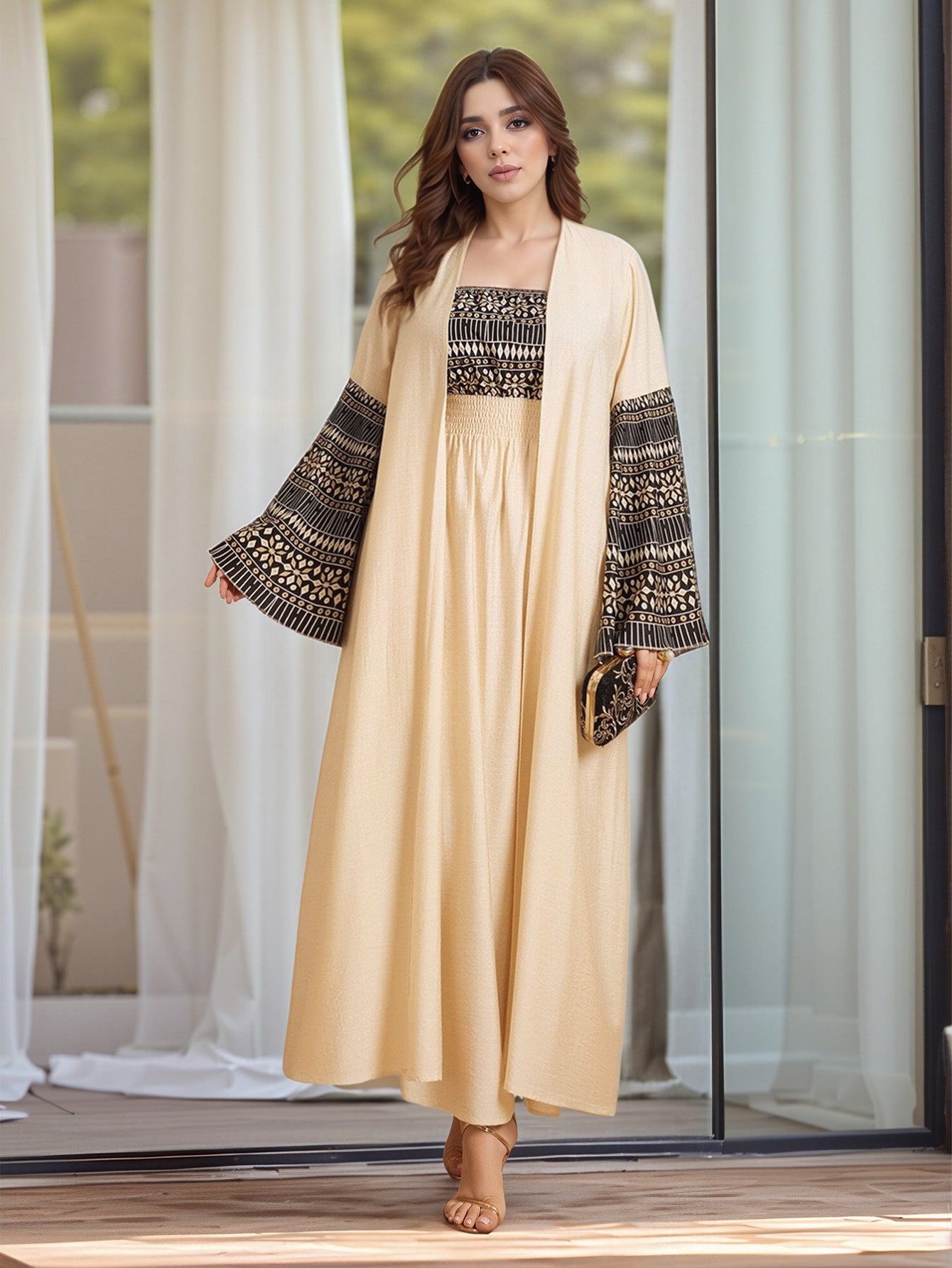 Printed Cardigan Halter Top 2PCS Abaya