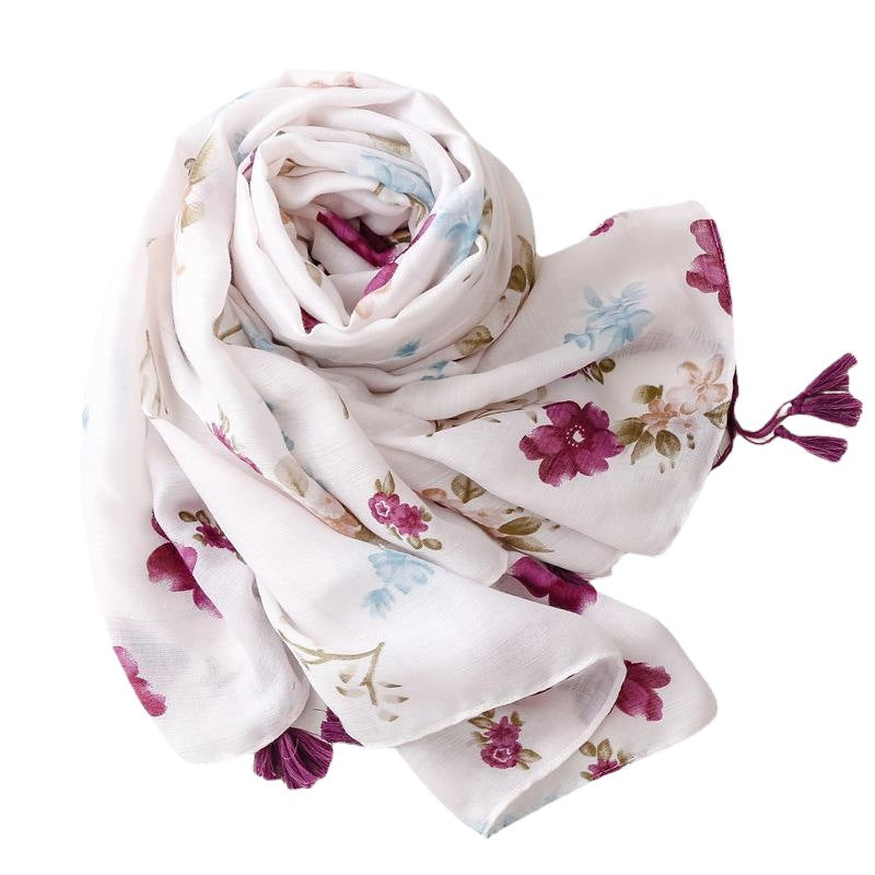 Cotton Linen Floral Hijab Scarf with Tassels
