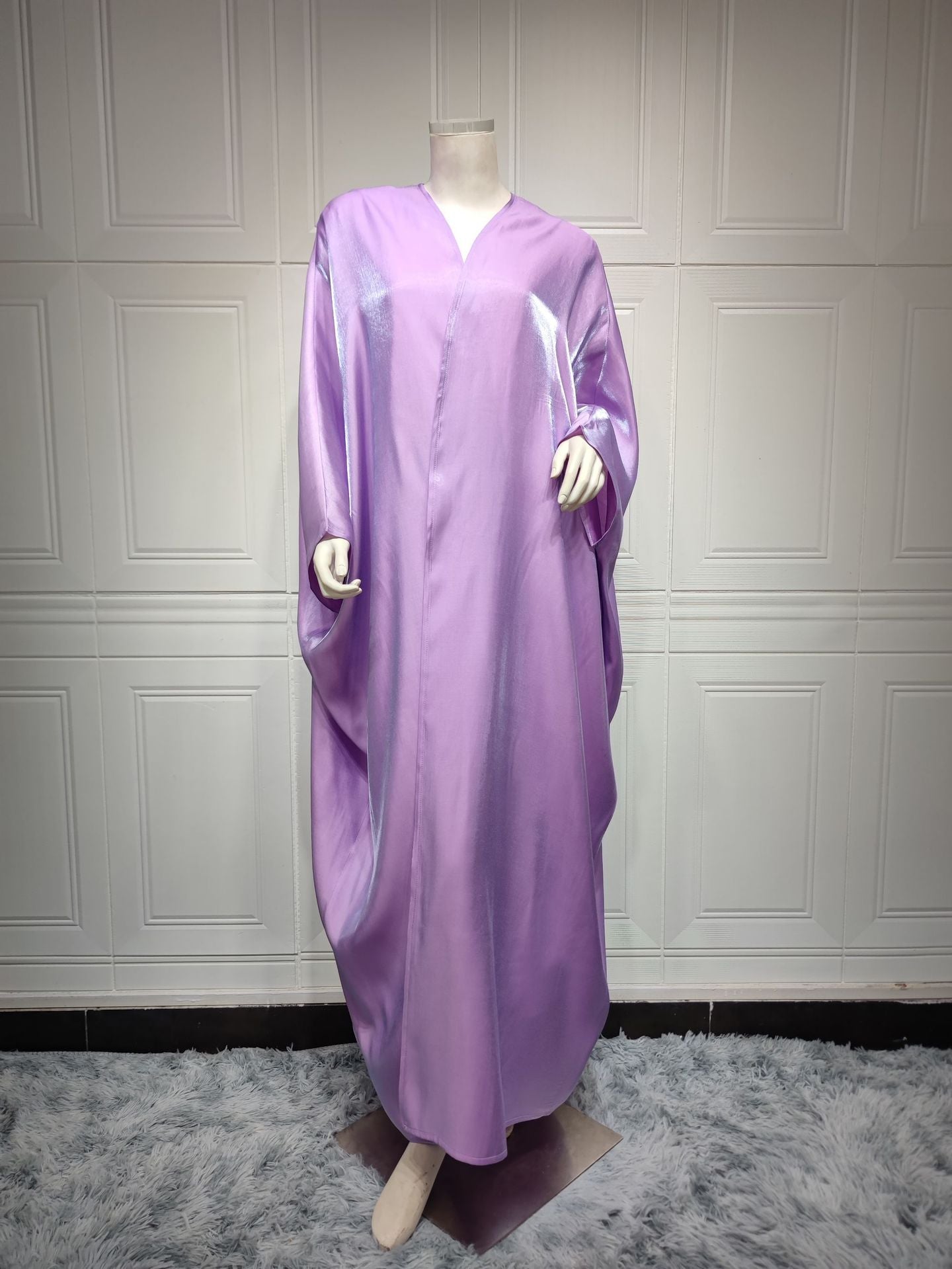 Bright Satin Solid Color Bat Sleeves Open Abaya