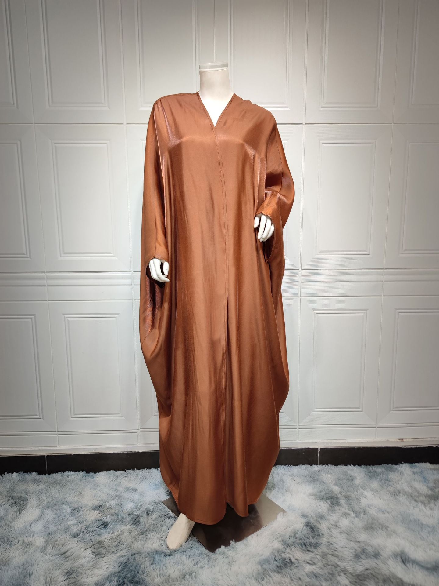 Bright Satin Solid Color Bat Sleeves Open Abaya