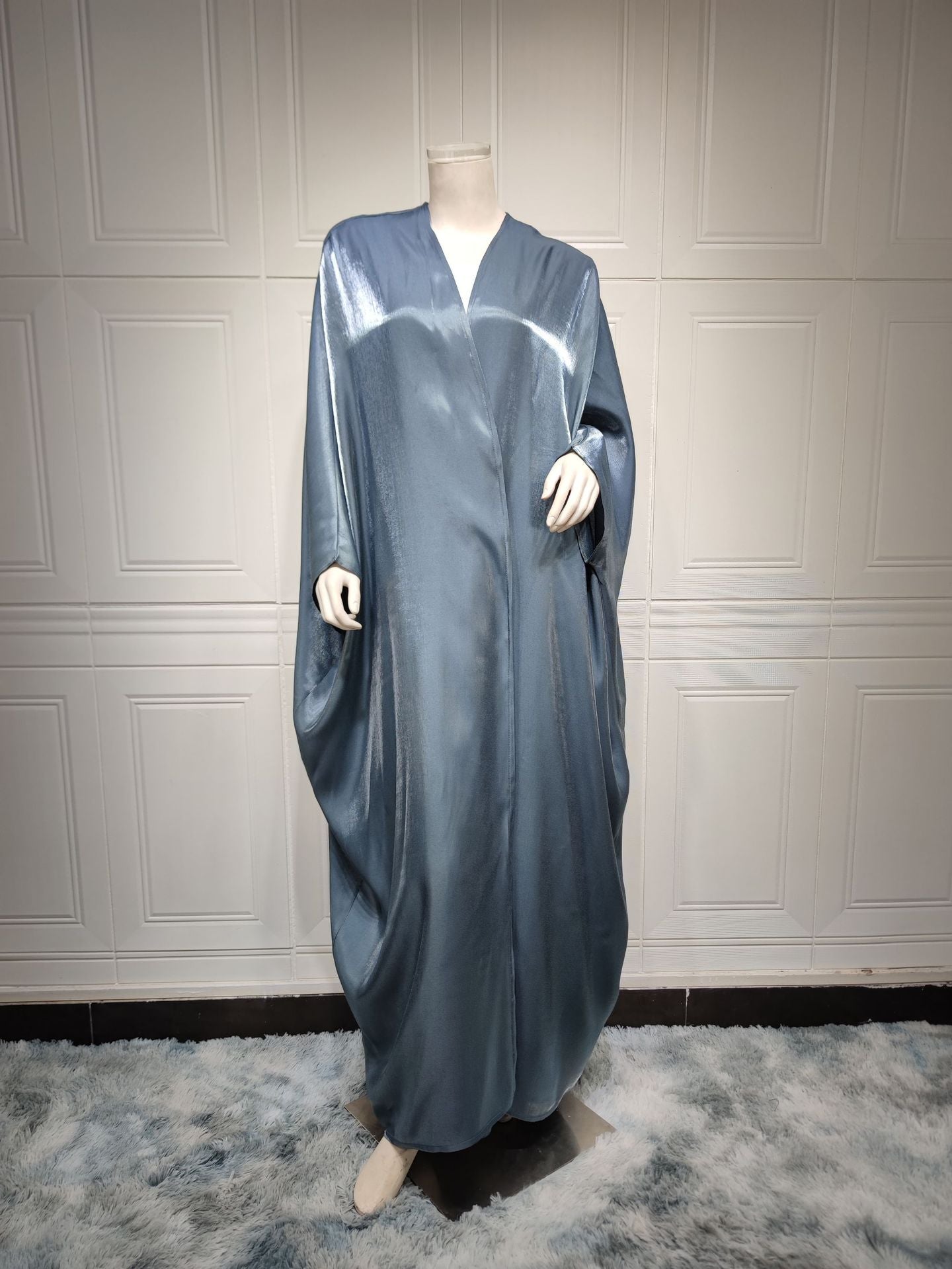 Bright Satin Solid Color Bat Sleeves Open Abaya