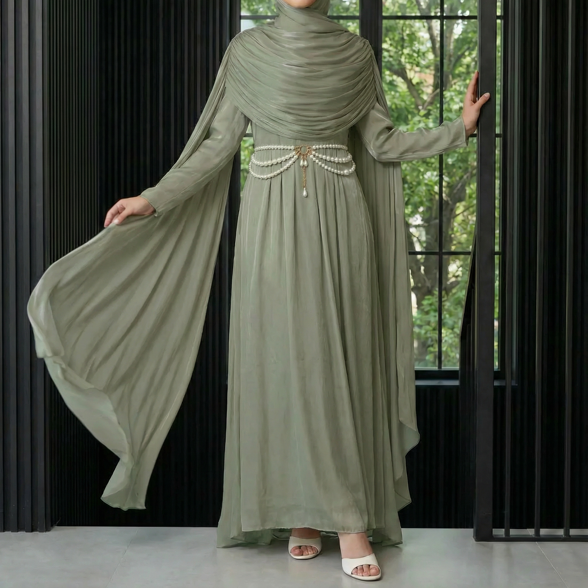 Silk Cape Sleeve Abaya – Shimmer Island Abaya Dress Set Light pink / L Silk Cape Sleeve Abaya – Shimmer Island Abaya Dress Set Light pink / L