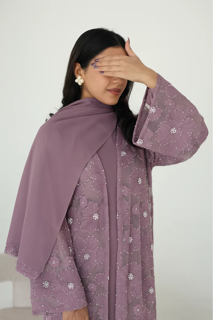 3D Flower Beaded Cardigan Abaya Set