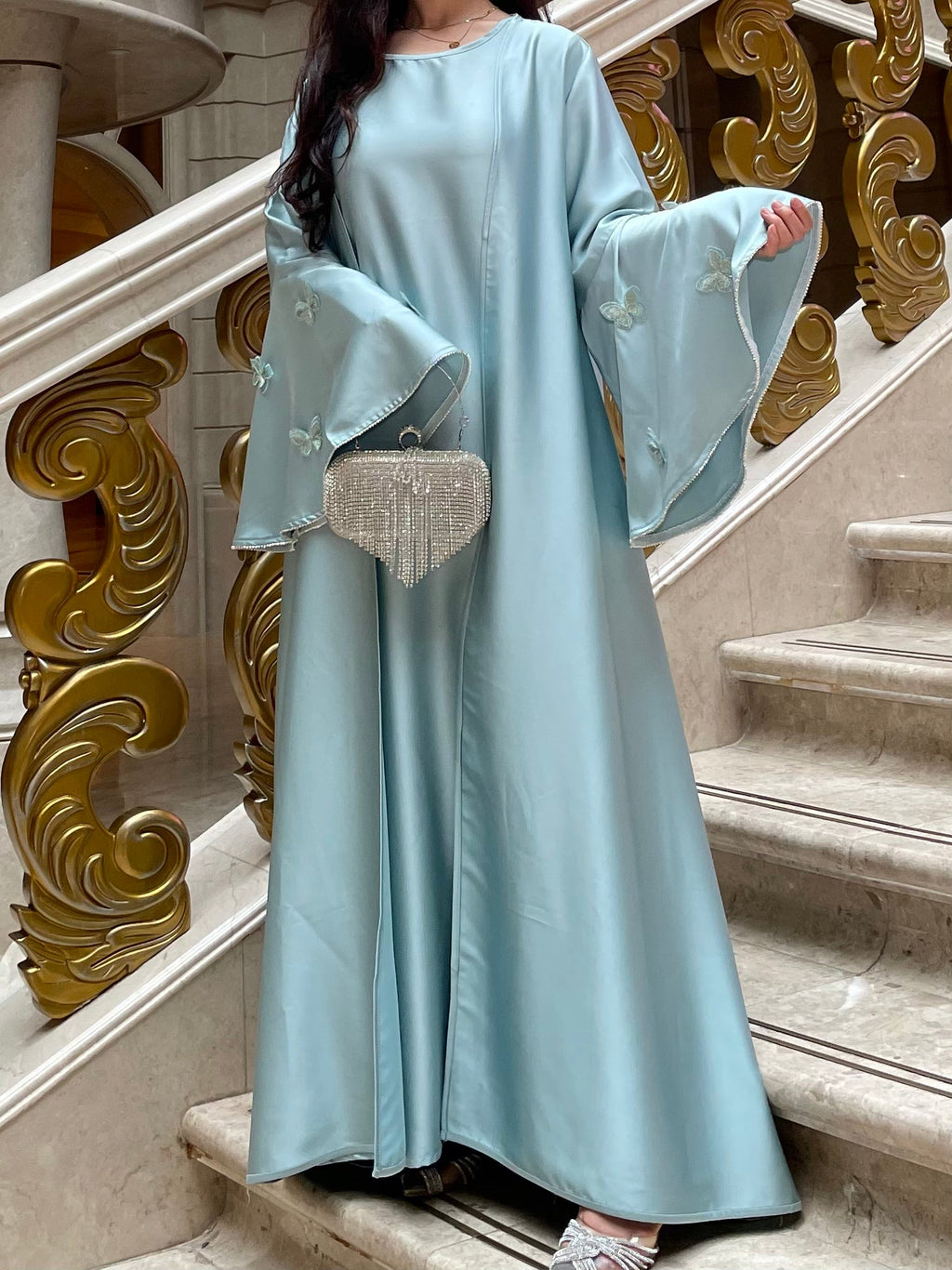 Elegant Butterfly Satin Open Abaya Dress