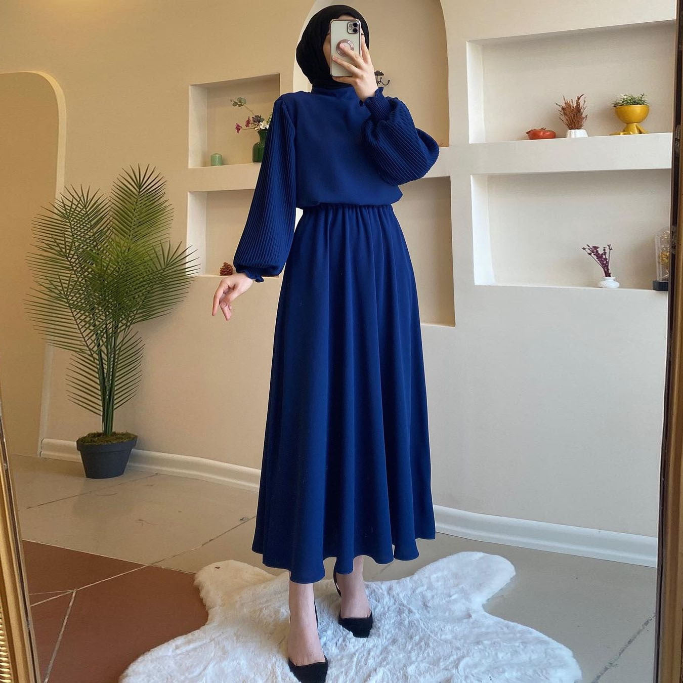 Pleated Lantern Sleeve Dress