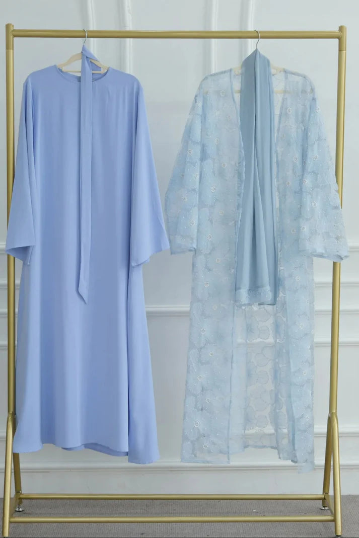 3D Flower Beaded Cardigan Abaya Set