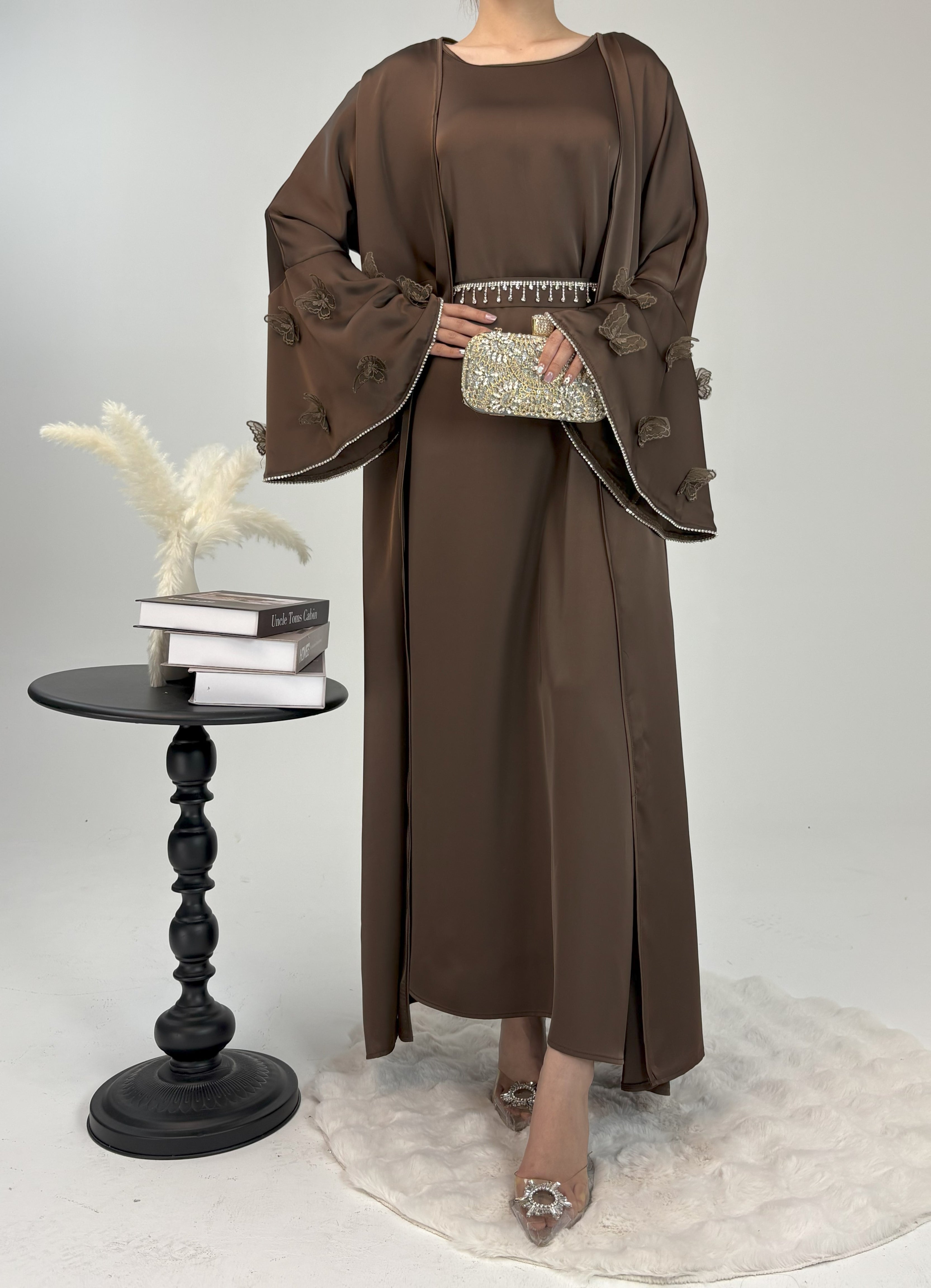 2 Pcs Butterfly Satin Abaya with Crystal Chain