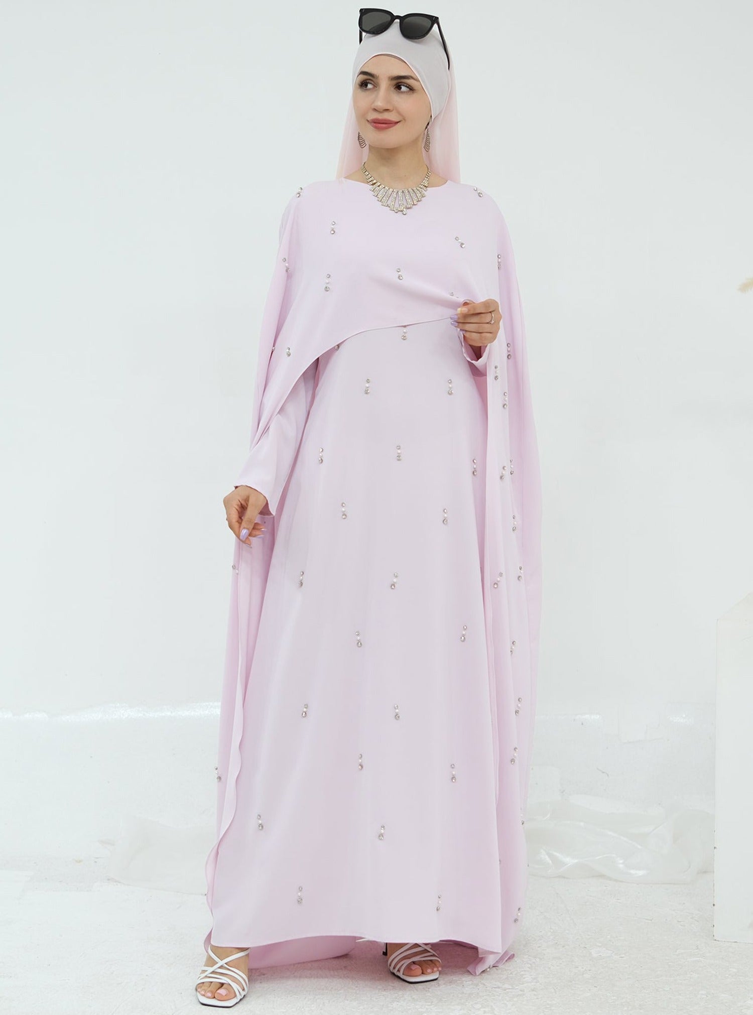 cape modest maxi dress product info and reviews Luxury Navy Blue Lace Cape Maxi Dress Elegant Modest Chiffon Evening FineLook