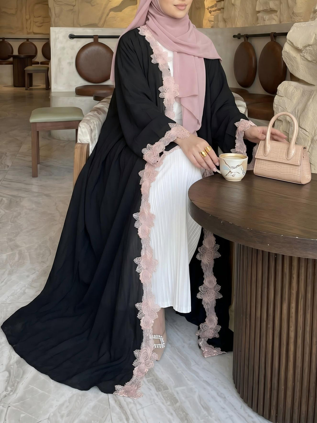 Luxury Floral Lace Open Front Abaya